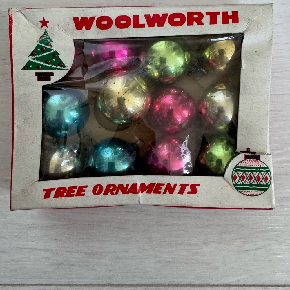 Vintage Glass Christmas Ornaments Balls Miniature Woolworth Baubles in Box